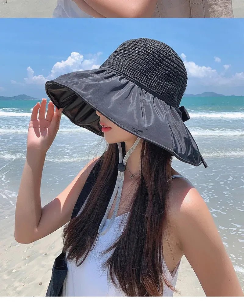Summer Sun Hat Women Straw Woven Anti Ultraviolet Sun Visor Cap with Big Brim Seaside Black Glue Breathable Bucket Hat Korea Sty - PratSN