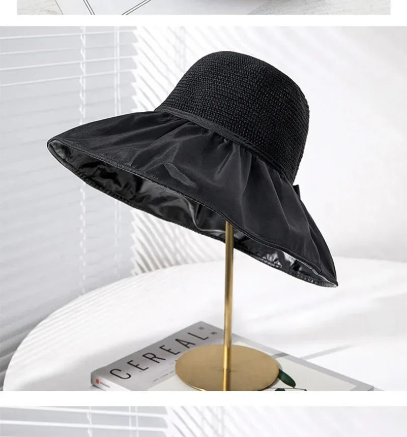 Summer Sun Hat Women Straw Woven Anti Ultraviolet Sun Visor Cap with Big Brim Seaside Black Glue Breathable Bucket Hat Korea Sty - PratSN