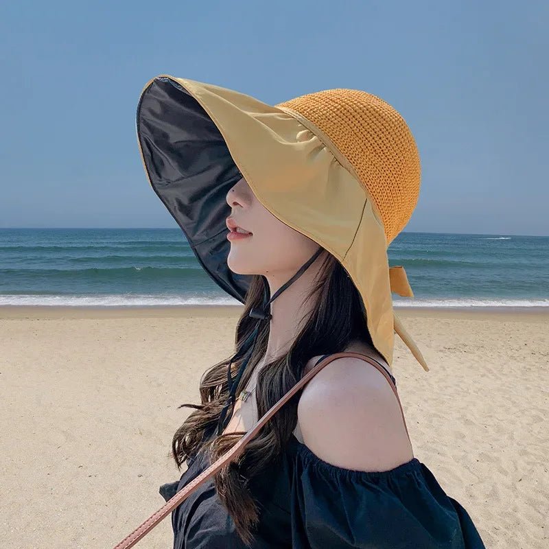 Summer Sun Hat Women Straw Woven Anti Ultraviolet Sun Visor Cap with Big Brim Seaside Black Glue Breathable Bucket Hat Korea Sty - PratSN