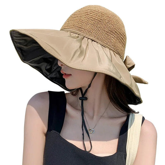 Summer Sun Hat Women Straw Woven Anti Ultraviolet Sun Visor Cap with Big Brim Seaside Black Glue Breathable Bucket Hat Korea Sty - PratSN