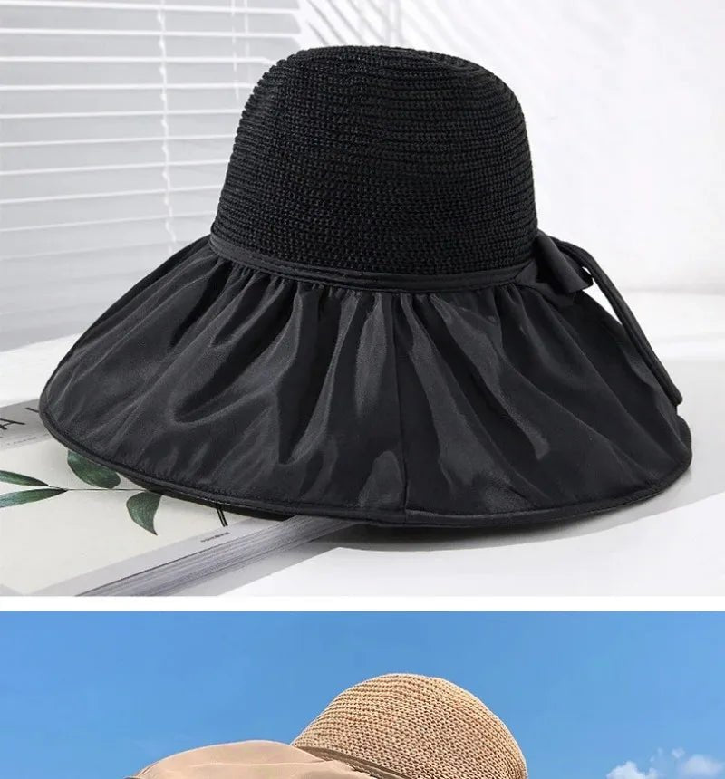 Summer Sun Hat Women Straw Woven Anti Ultraviolet Sun Visor Cap with Big Brim Seaside Black Glue Breathable Bucket Hat Korea Sty - PratSN