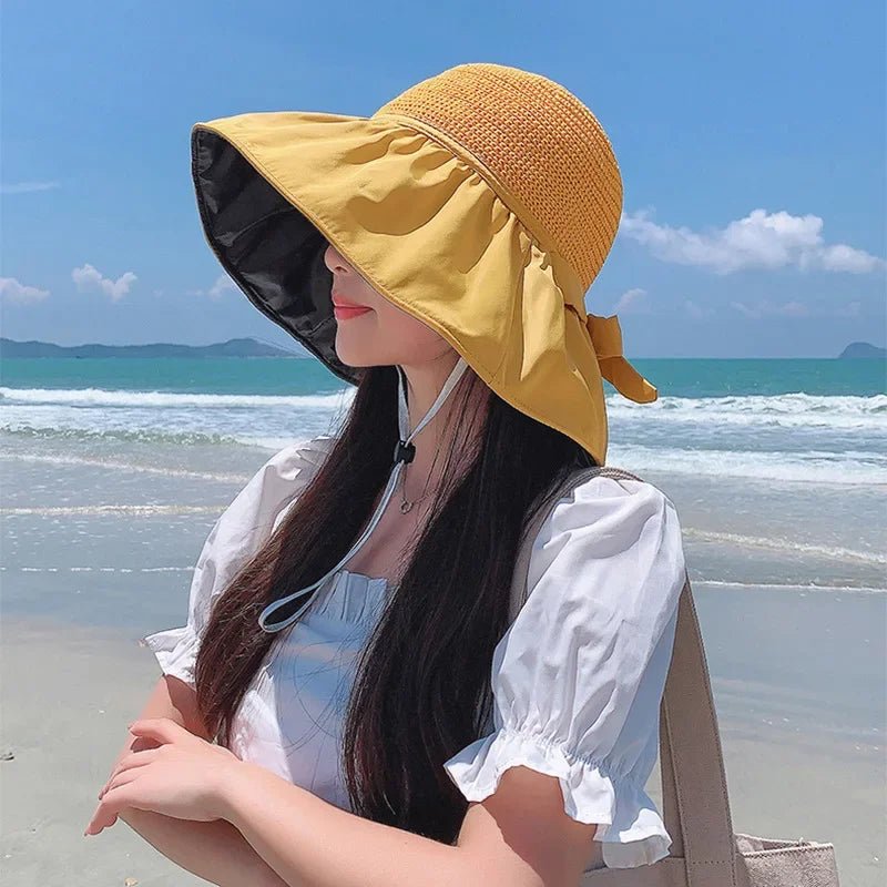 Summer Sun Hat Women Straw Woven Anti Ultraviolet Sun Visor Cap with Big Brim Seaside Black Glue Breathable Bucket Hat Korea Sty - PratSN