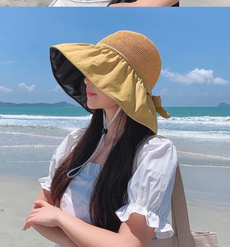 Summer Sun Hat Women Straw Woven Anti Ultraviolet Sun Visor Cap with Big Brim Seaside Black Glue Breathable Bucket Hat Korea Sty - PratSN