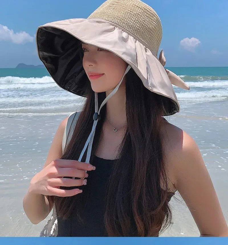 Summer Sun Hat Women Straw Woven Anti Ultraviolet Sun Visor Cap with Big Brim Seaside Black Glue Breathable Bucket Hat Korea Sty - PratSN