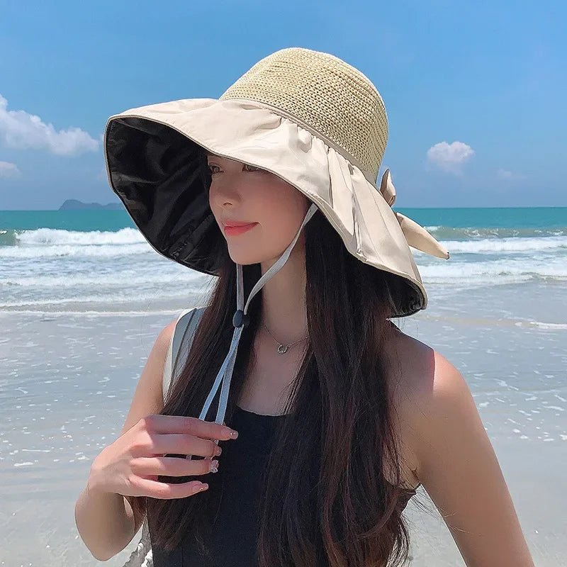 Summer Sun Hat Women Straw Woven Anti Ultraviolet Sun Visor Cap with Big Brim Seaside Black Glue Breathable Bucket Hat Korea Sty - PratSN
