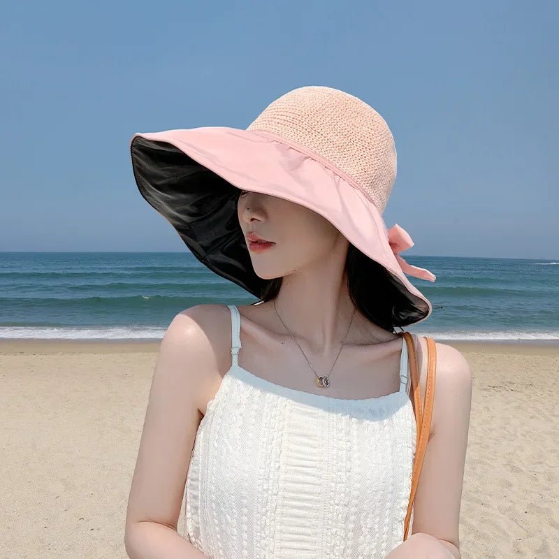 Summer Sun Hat Women Straw Woven Anti Ultraviolet Sun Visor Cap with Big Brim Seaside Black Glue Breathable Bucket Hat Korea Sty - PratSN