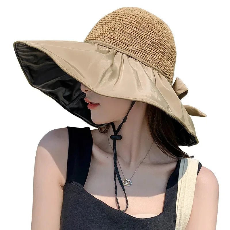 Summer Sun Hat Women Straw Woven Anti Ultraviolet Sun Visor Cap with Big Brim Seaside Black Glue Breathable Bucket Hat Korea Sty - PratSN
