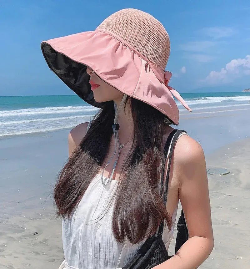 Summer Sun Hat Women Straw Woven Anti Ultraviolet Sun Visor Cap with Big Brim Seaside Black Glue Breathable Bucket Hat Korea Sty - PratSN