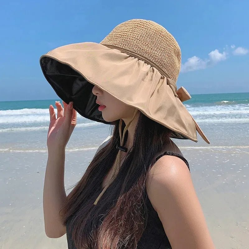 Summer Sun Hat Women Straw Woven Anti Ultraviolet Sun Visor Cap with Big Brim Seaside Black Glue Breathable Bucket Hat Korea Sty - PratSN