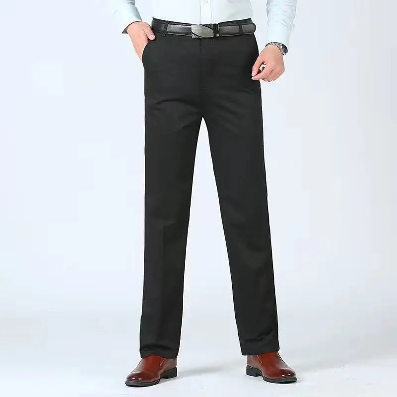 Summer Thin Autumn Thick 100% Cotton Straight Suit Pants Men's Loose Trousers Business Solid Gray Khaki Casual Brand Clothes - PratSN