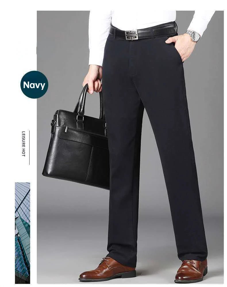Summer Thin Autumn Thick 100% Cotton Straight Suit Pants Men's Loose Trousers Business Solid Gray Khaki Casual Brand Clothes - PratSN
