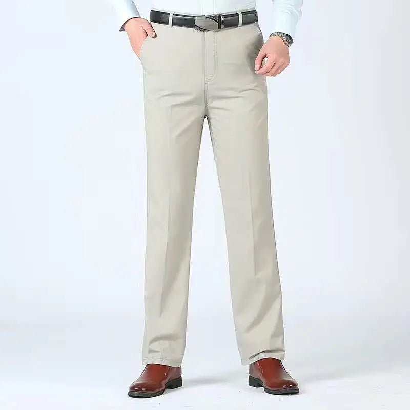 Summer Thin Autumn Thick 100% Cotton Straight Suit Pants Men's Loose Trousers Business Solid Gray Khaki Casual Brand Clothes - PratSN