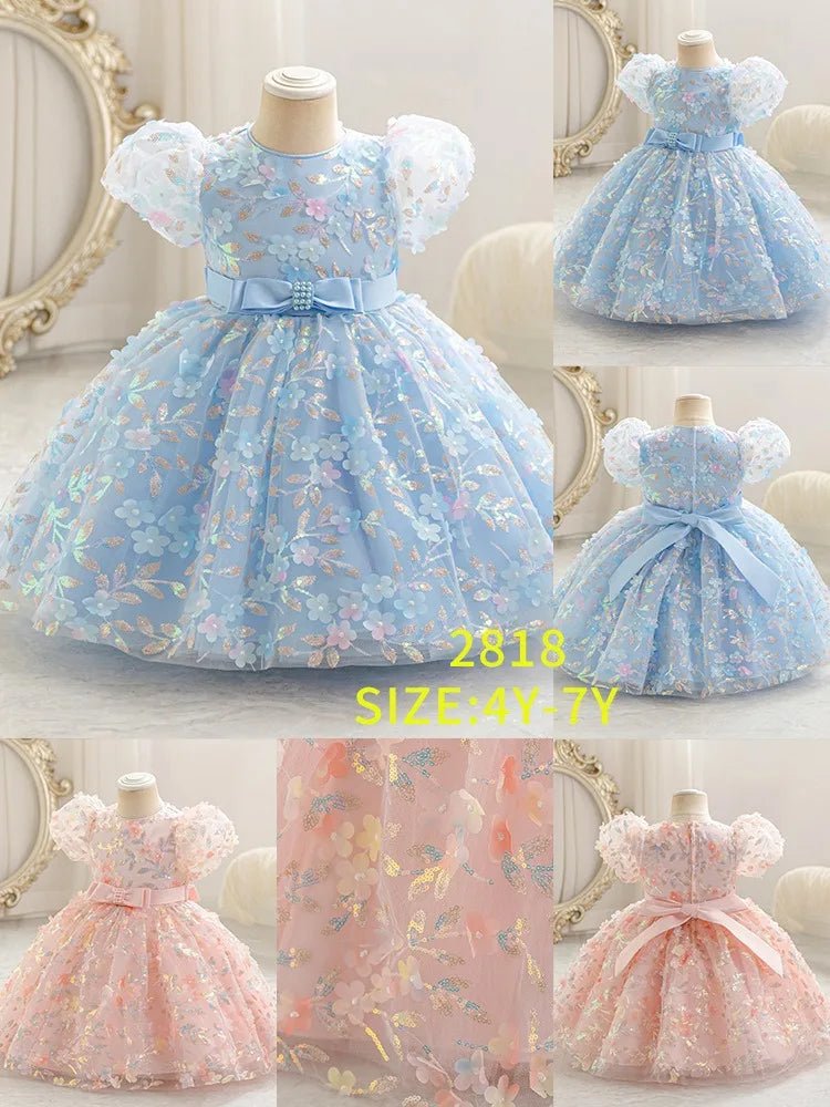 Summer Toddler Girls Sparkling Bubble Sleeve Sequin Princess Dress For Pageant Birthday Party Custom Gown With Headpiece - PratSN