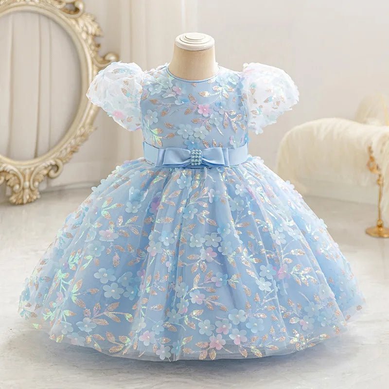 Summer Toddler Girls Sparkling Bubble Sleeve Sequin Princess Dress For Pageant Birthday Party Custom Gown With Headpiece - PratSN