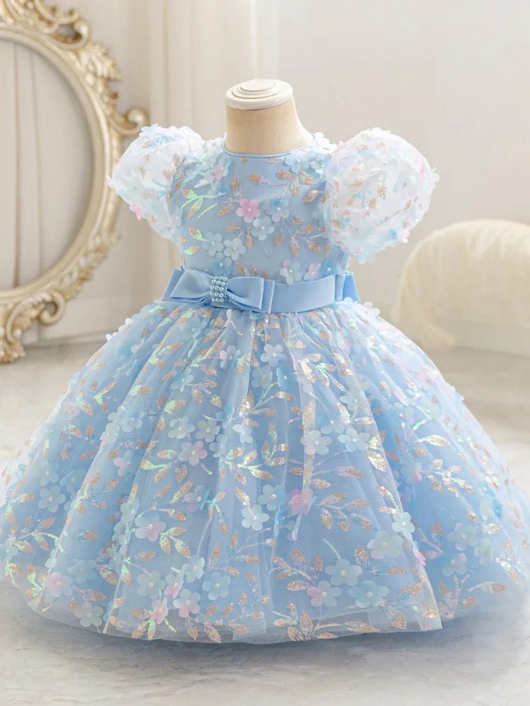 Summer Toddler Girls Sparkling Bubble Sleeve Sequin Princess Dress For Pageant Birthday Party Custom Gown With Headpiece - PratSN