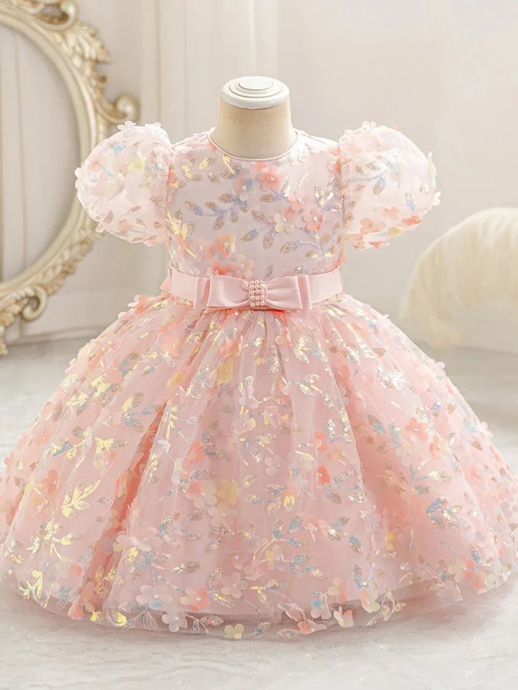 Summer Toddler Girls Sparkling Bubble Sleeve Sequin Princess Dress For Pageant Birthday Party Custom Gown With Headpiece - PratSN
