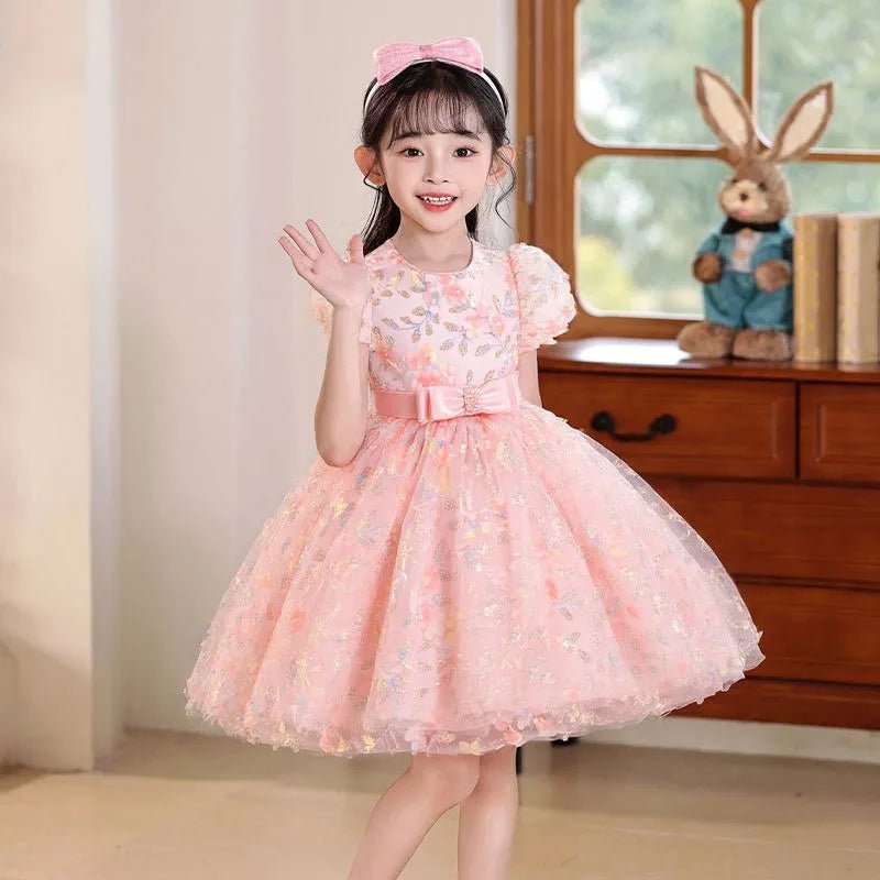 Summer Toddler Girls Sparkling Bubble Sleeve Sequin Princess Dress For Pageant Birthday Party Custom Gown With Headpiece - PratSN
