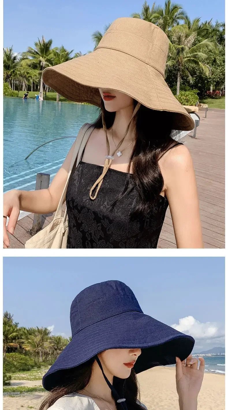 Summer Wide Brim Sun Hat Women Foldable Travel Packable Bucket Hat Japanese UV Sunscreen Cotton Linen Beach Fisherman Hat 여름모자 - PratSN