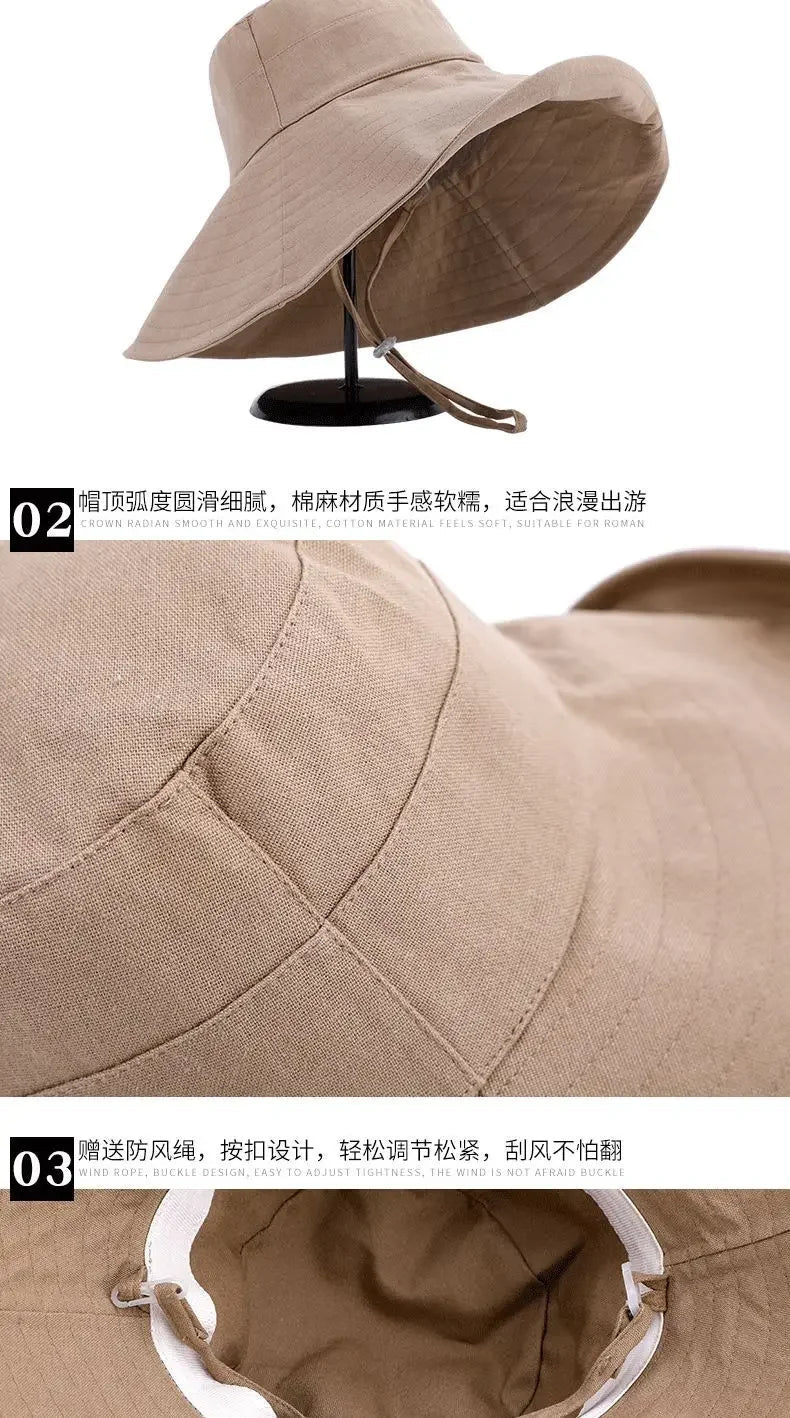 Summer Wide Brim Sun Hat Women Foldable Travel Packable Bucket Hat Japanese UV Sunscreen Cotton Linen Beach Fisherman Hat 여름모자 - PratSN