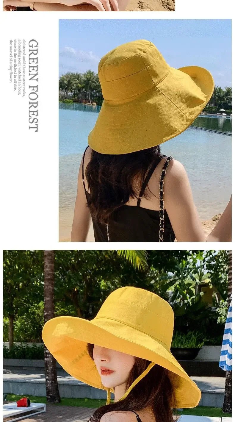 Summer Wide Brim Sun Hat Women Foldable Travel Packable Bucket Hat Japanese UV Sunscreen Cotton Linen Beach Fisherman Hat 여름모자 - PratSN