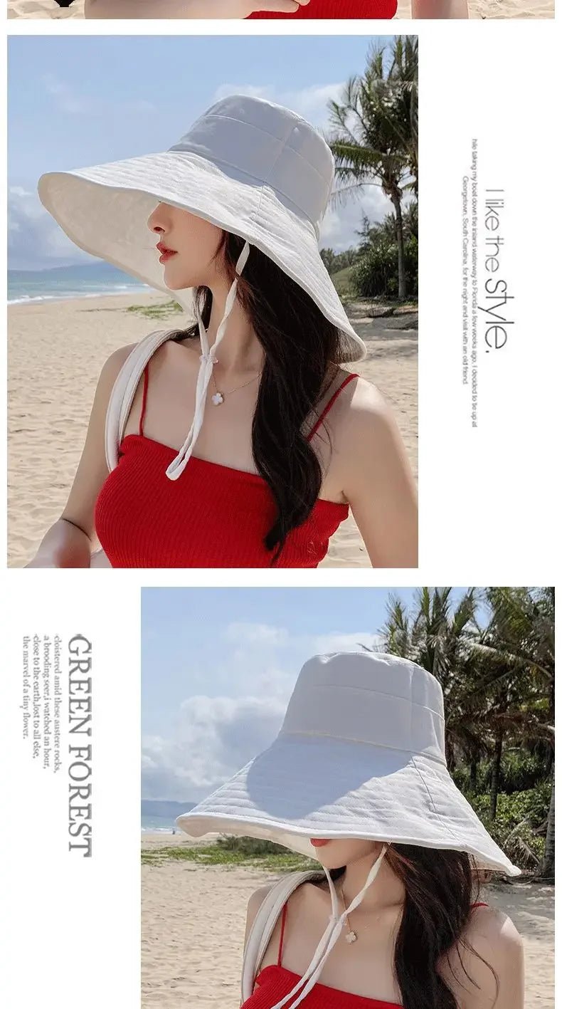 Summer Wide Brim Sun Hat Women Foldable Travel Packable Bucket Hat Japanese UV Sunscreen Cotton Linen Beach Fisherman Hat 여름모자 - PratSN
