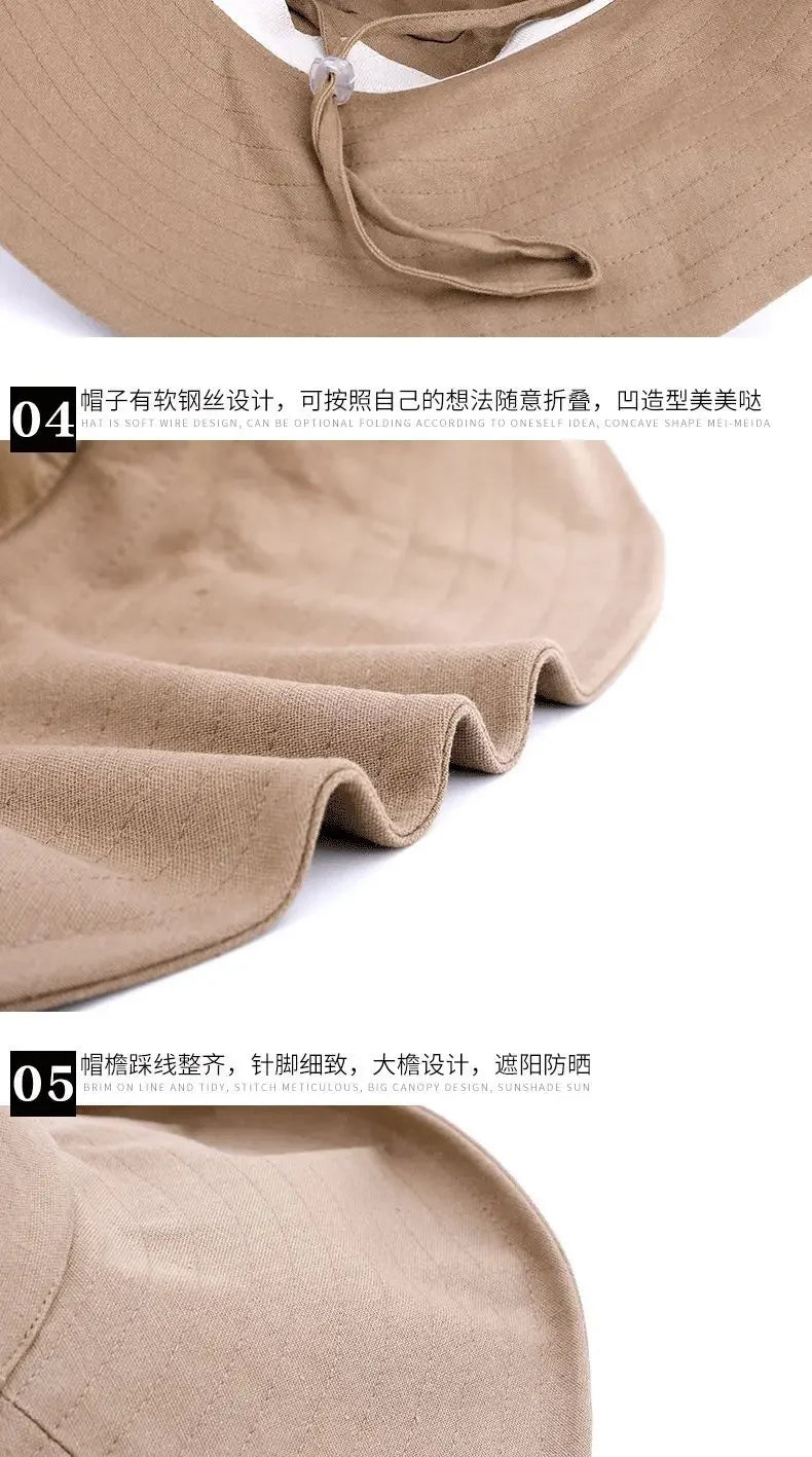 Summer Wide Brim Sun Hat Women Foldable Travel Packable Bucket Hat Japanese UV Sunscreen Cotton Linen Beach Fisherman Hat 여름모자 - PratSN