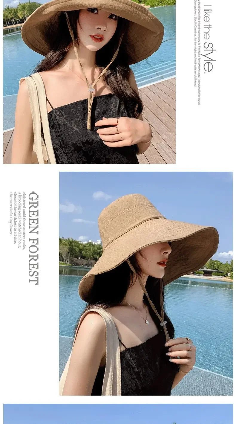 Summer Wide Brim Sun Hat Women Foldable Travel Packable Bucket Hat Japanese UV Sunscreen Cotton Linen Beach Fisherman Hat 여름모자 - PratSN