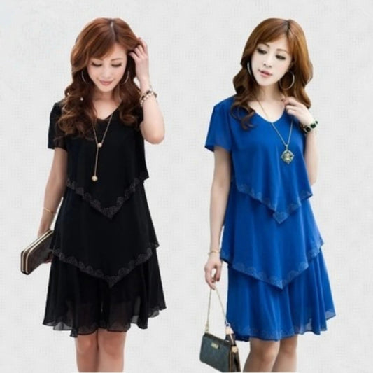 Summer Women Chiffon Cake Dress Cascading Ruffle Diamond Short Sleeves Party Dresses - PratSN