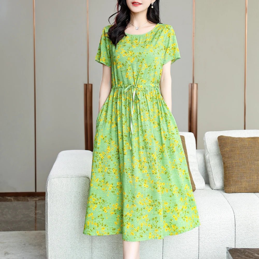 Summer Women Short sleeve plus size Dress Green Midi Dress - PratSN