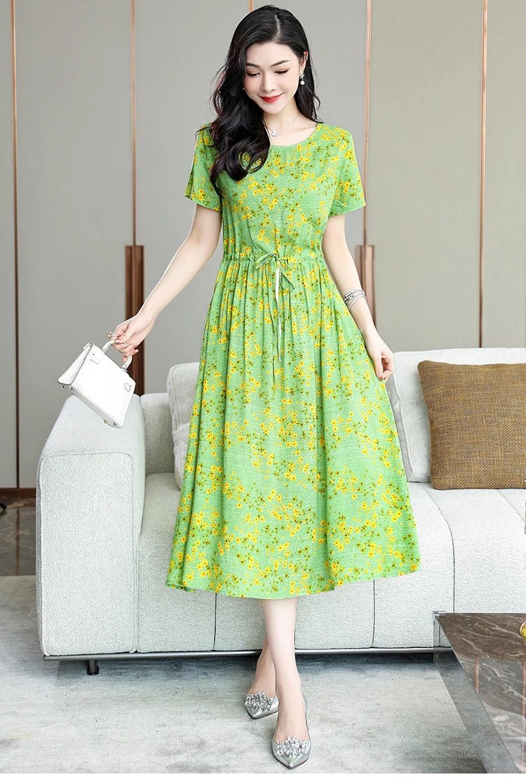 Summer Women Short sleeve plus size Dress Green Midi Dress - PratSN