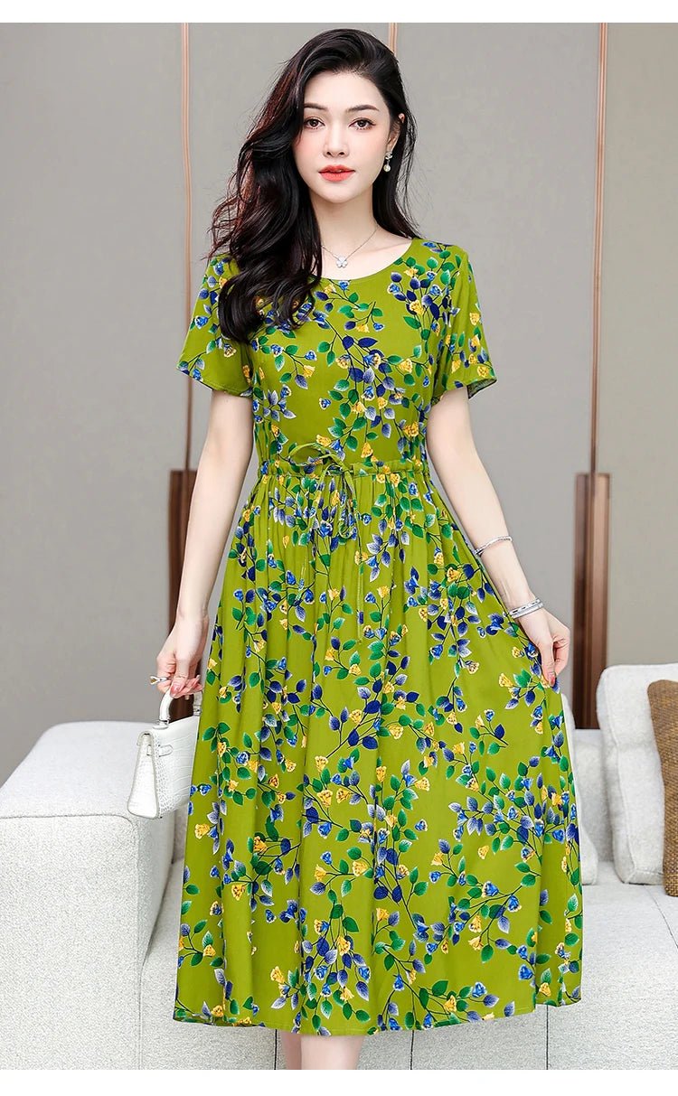 Summer Women Short sleeve plus size Dress Green Midi Dress - PratSN