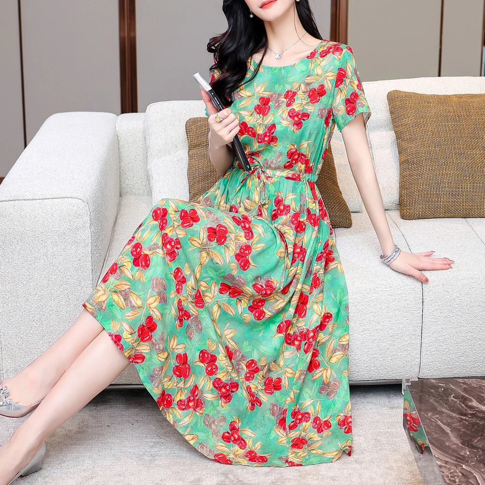 Summer Women Short sleeve plus size Dress Green Midi Dress - PratSN