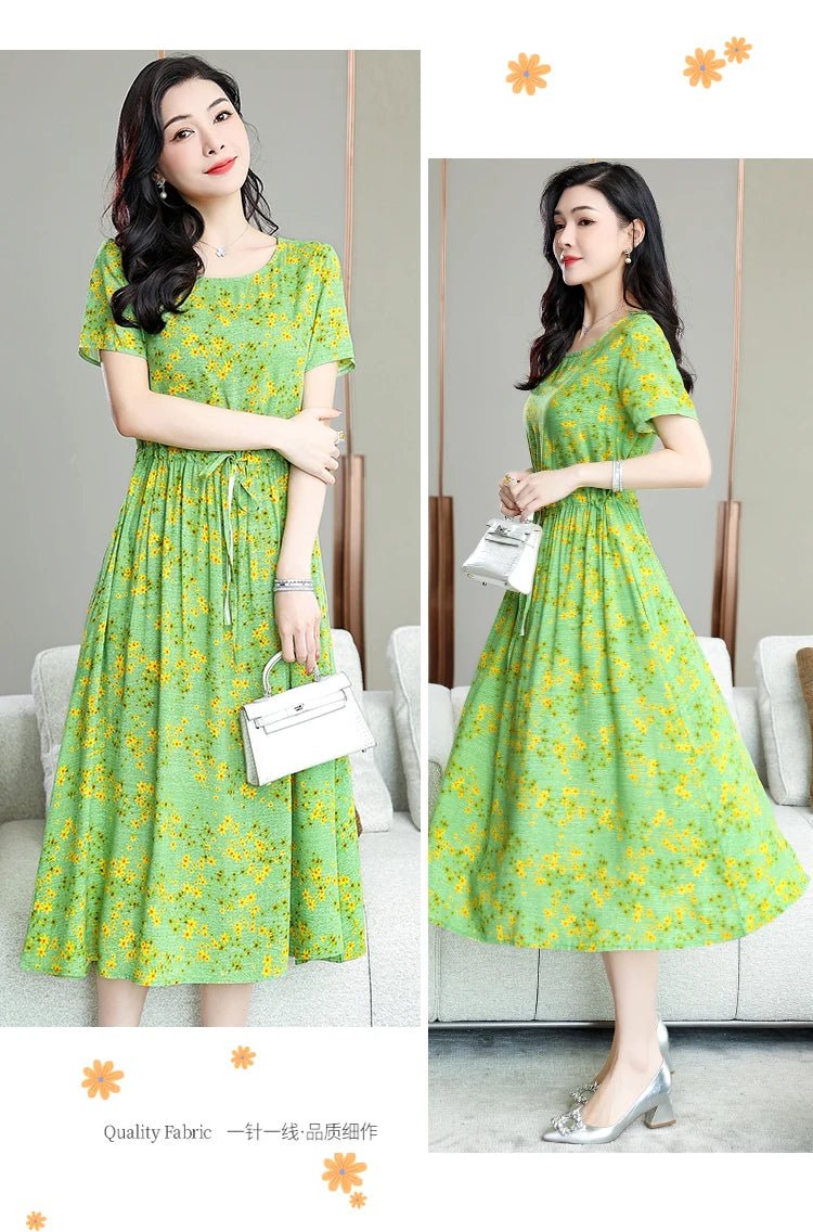Summer Women Short sleeve plus size Dress Green Midi Dress - PratSN