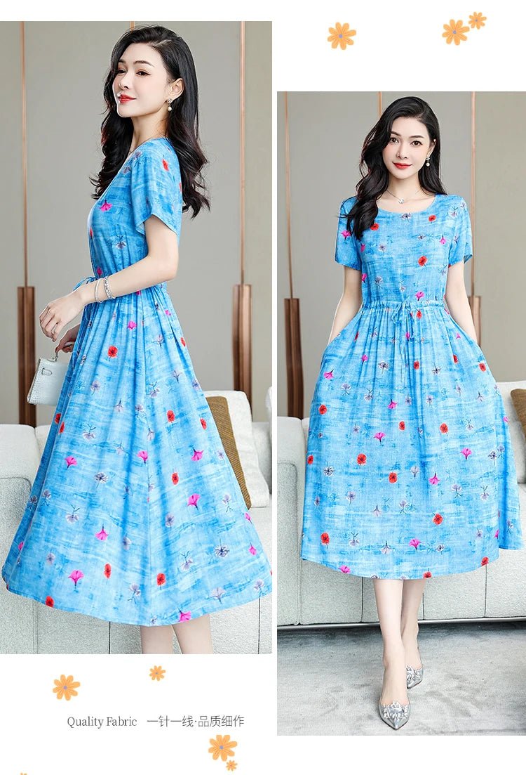 Summer Women Short sleeve plus size Dress Green Midi Dress - PratSN