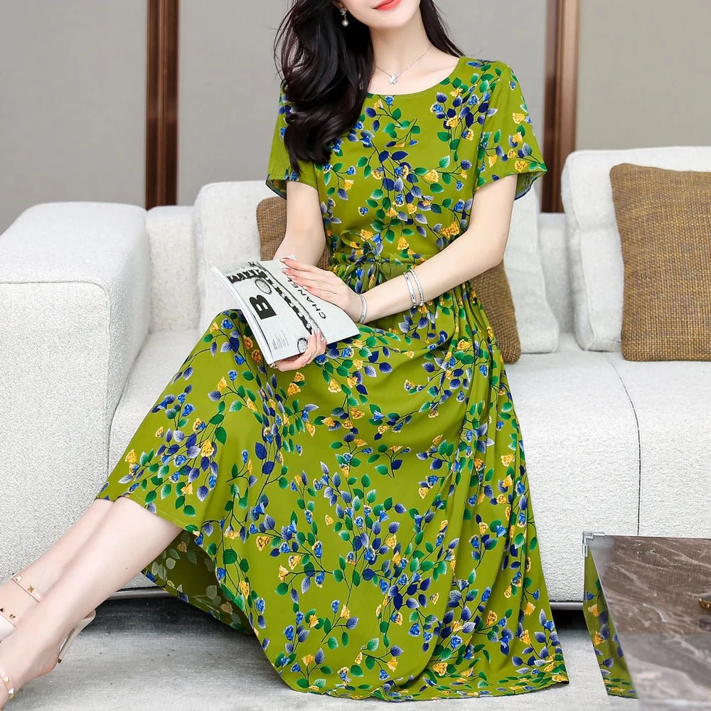Summer Women Short sleeve plus size Dress Green Midi Dress - PratSN