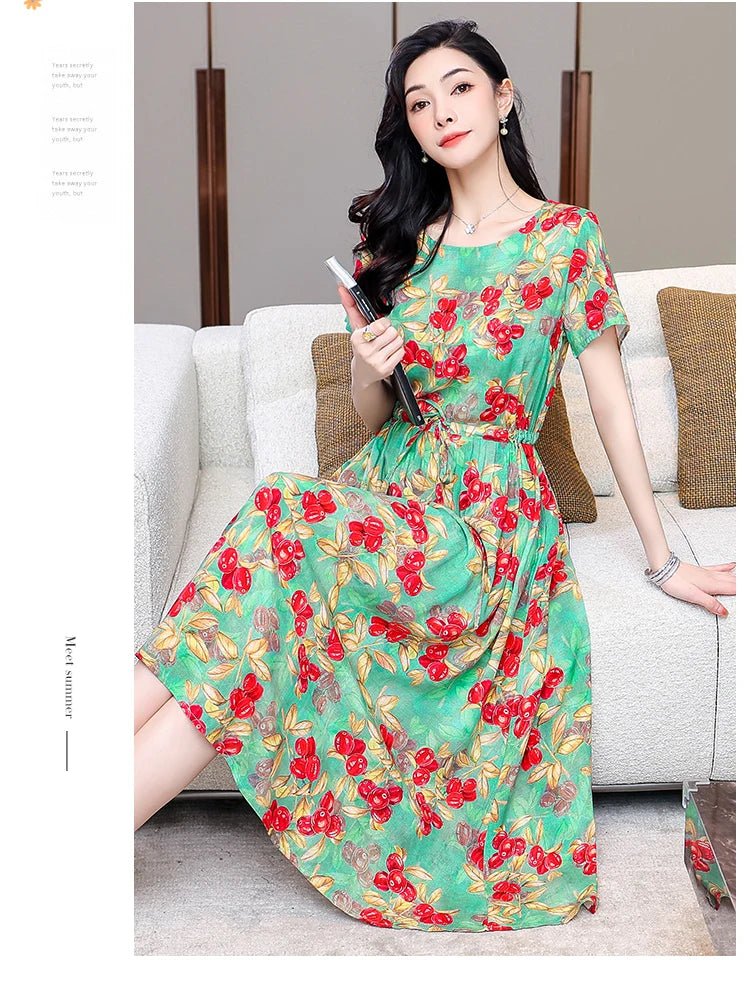 Summer Women Short sleeve plus size Dress Green Midi Dress - PratSN