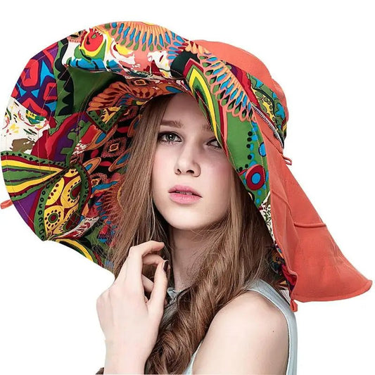 Sun Hats for Women Summer Large Beach Hat Flower Printed Wide Brim Bob Chapeu Panama Feminino - PratSN