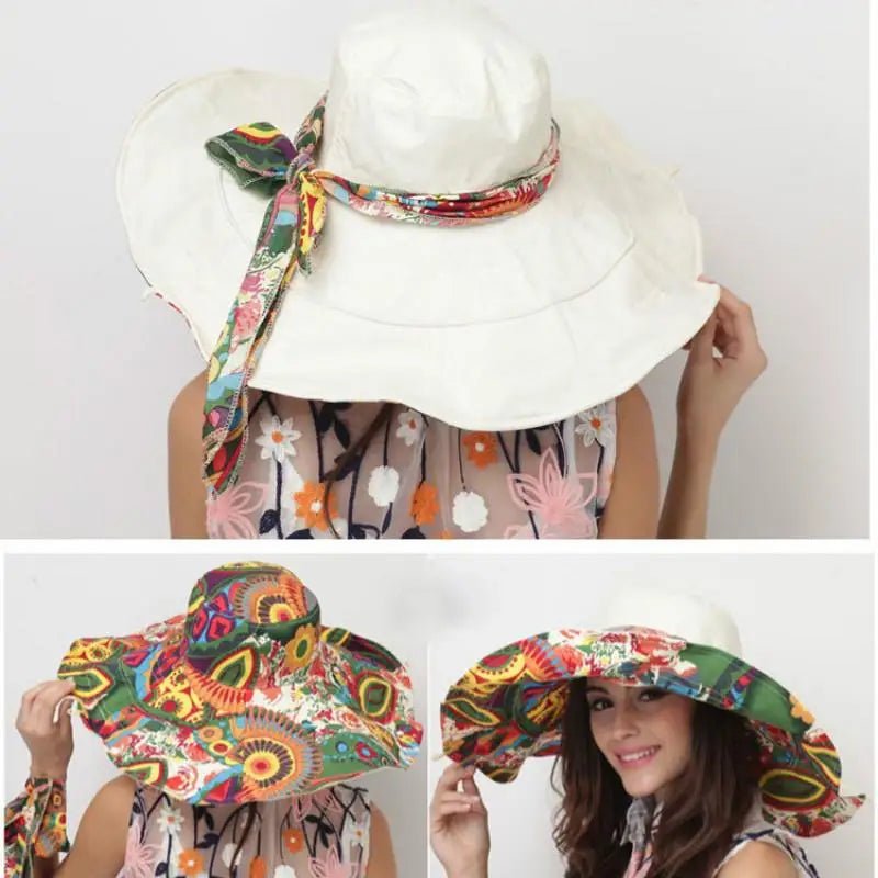Sun Hats for Women Summer Large Beach Hat Flower Printed Wide Brim Bob Chapeu Panama Feminino - PratSN