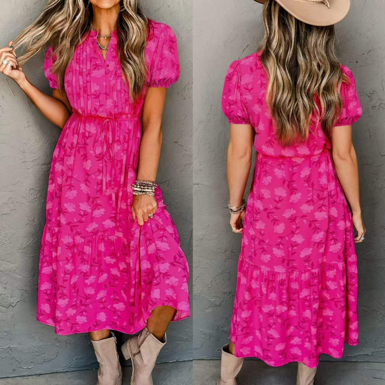 Sweet Floral Print Short Sleeve Dress - PratSN