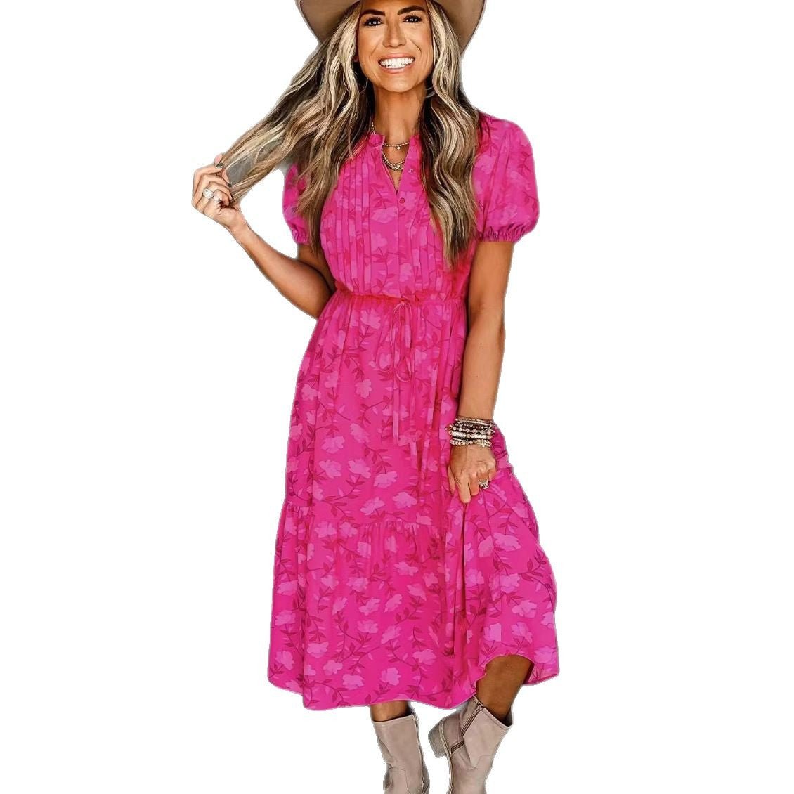 Sweet Floral Print Short Sleeve Dress - PratSN