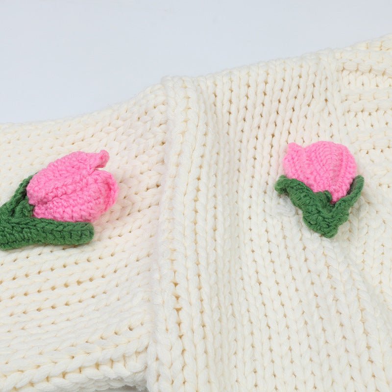 Sweet Sweater Cardigan Hand Crocheting Flower Loose V - neck - PratSN
