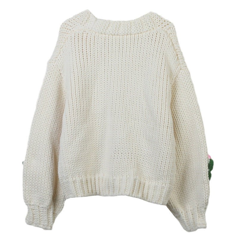 Sweet Sweater Cardigan Hand Crocheting Flower Loose V - neck - PratSN