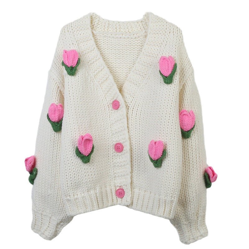 Sweet Sweater Cardigan Hand Crocheting Flower Loose V - neck - PratSN