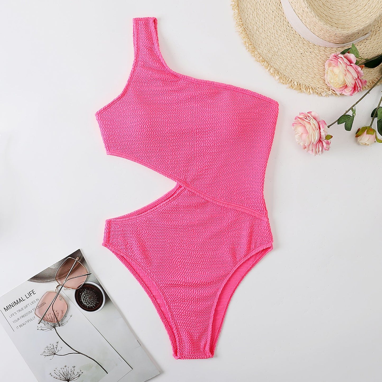 Swimsuit Womens One Piece Bikini Solid Color One Shoulder Swimsuit - PratSN
