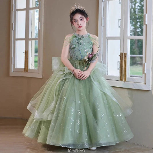 Teen Girl Clothes Green Girls Princess Dress Kids Pageant Host Gown Birthday Party Outfit PianoFormal Wear Recital Performance - PratSN