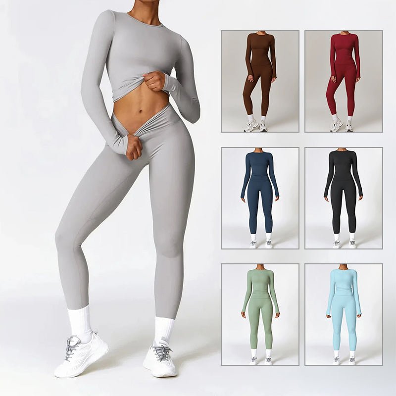 Tight - fitting Brushed Yoga Suit Quick - drying Fitness Clothes Fitness Long Sleeve Tracksuits Sports Suit Gym Top High Waist Leggings Women Sets Yoga Set - PratSN