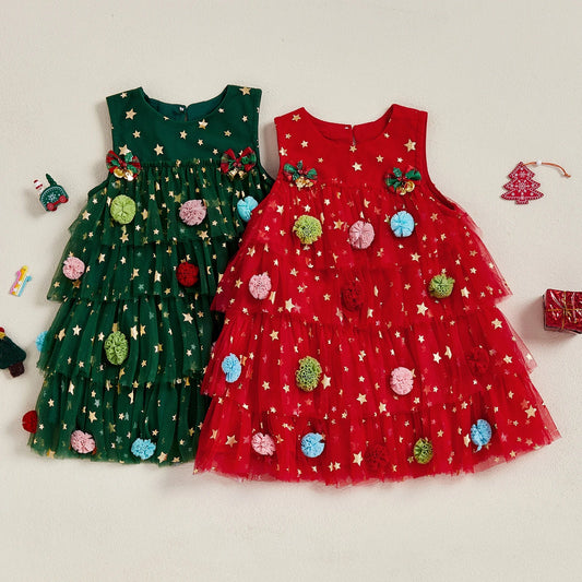 Toddler Baby Girl Christmas Dress Outfit Sleeveless Shiny Stars Tank Dress Layered Tulle Mesh Dresses Xmas - PratSN