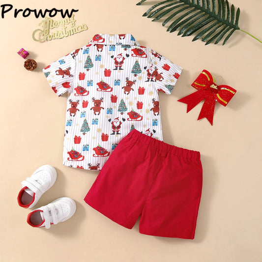 Toddler Boys Christmas Outfits Gentleman Sets For Kids Short Sleeve Deer Shirt and Red Shorts New Year Costume For Children Baby - PratSN