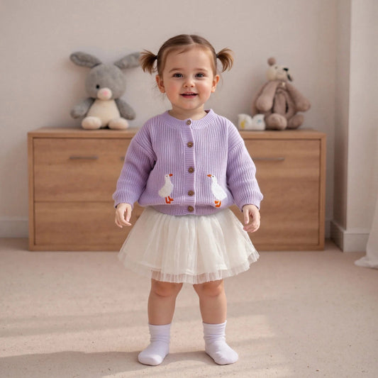 Toddler Girl Knit Sweater Long Sleeve Round Neck Goose Embroidery Button Down Cardigan Kid Tops - PratSN