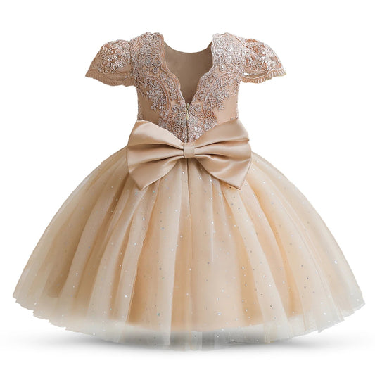 Toddler Girls 1st Birthday Party Dresses Cute Bow Kids Princess Lace Tulle Short Dress Flower Girls Dresses for Wedding 1 - 5 Year - PratSN